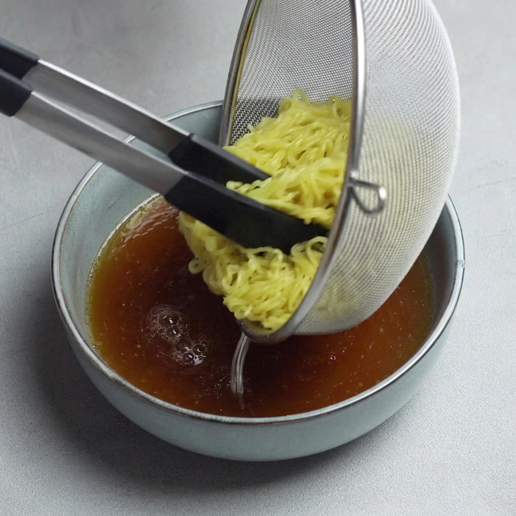 Fideos de ramen recién cocidos sumergiéndose en un tazón de caldo oscuro y condimentado.