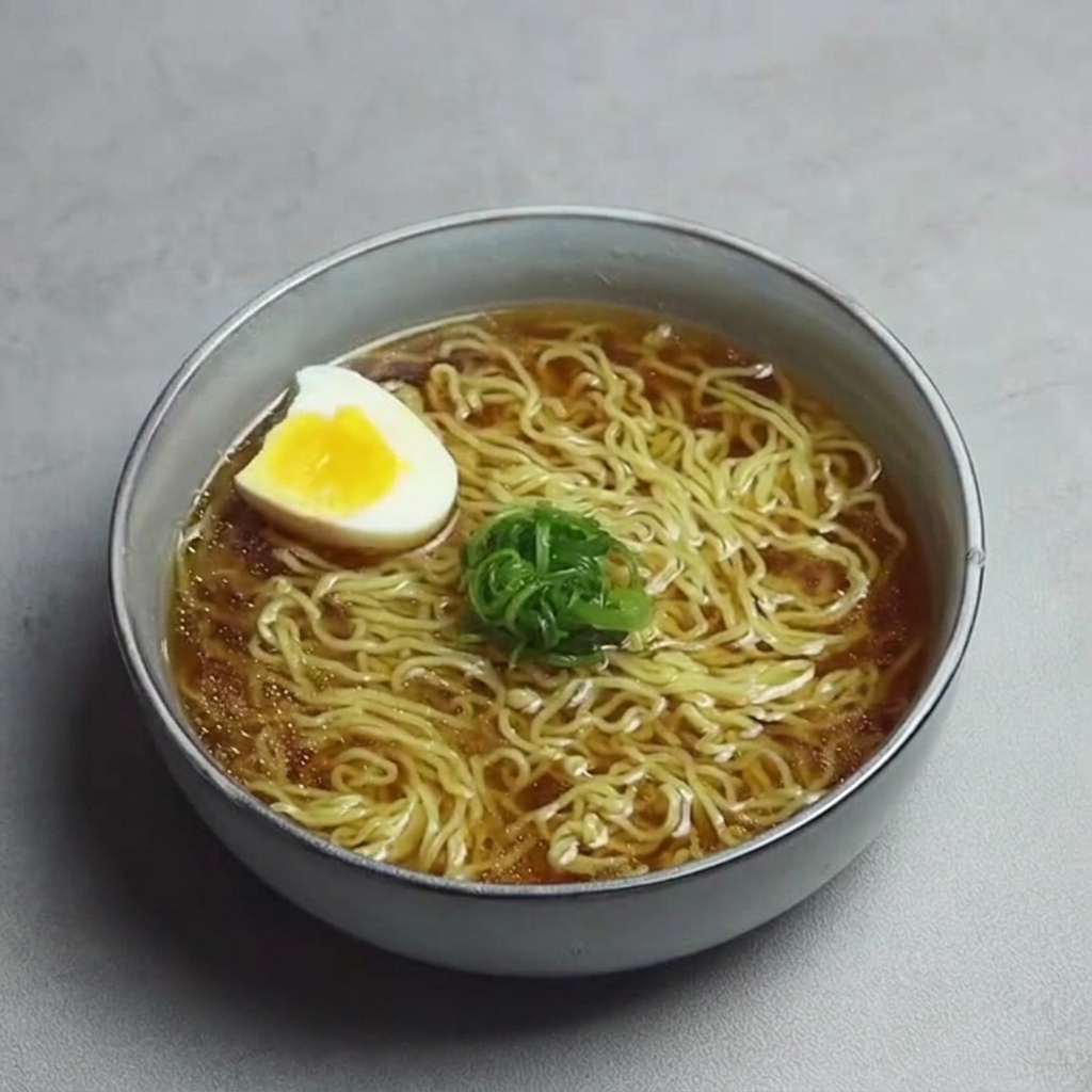 Un huevo pasado por agua perfectamente cortado a la mitad sobre un humeante tazón de ramen, adornado con cebolletas.