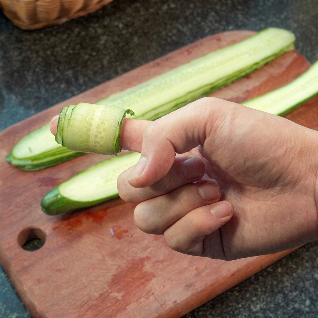 Manos enrollando tiras finas de pepino en espirales compactas.
