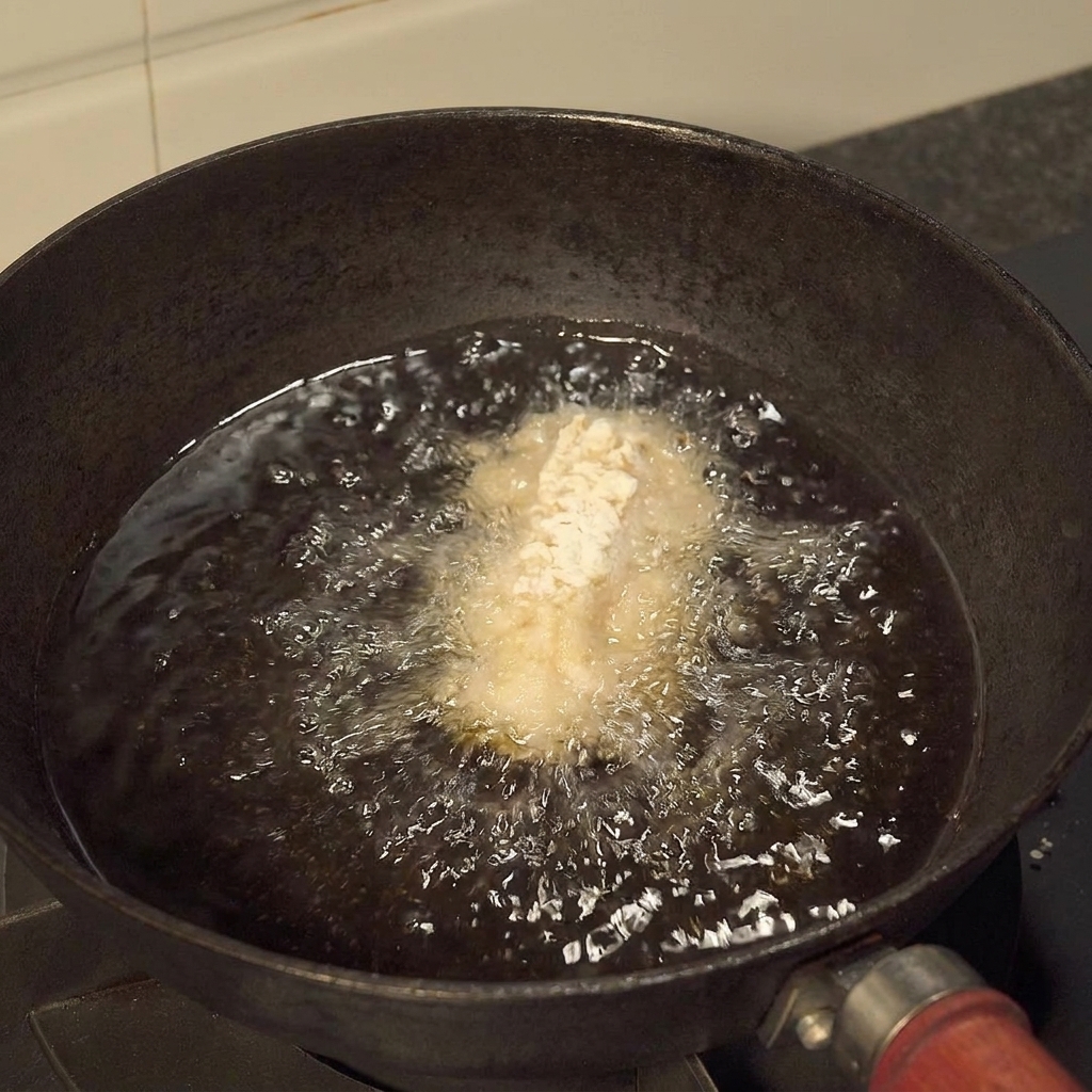 Alitas de pollo rebozadas friéndose en aceite caliente, volviéndose doradas.