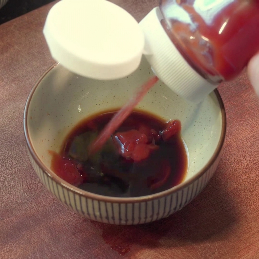 Ingredientes de la salsa, incluyendo ketchup y salsa picante, mezclándose en un tazón.