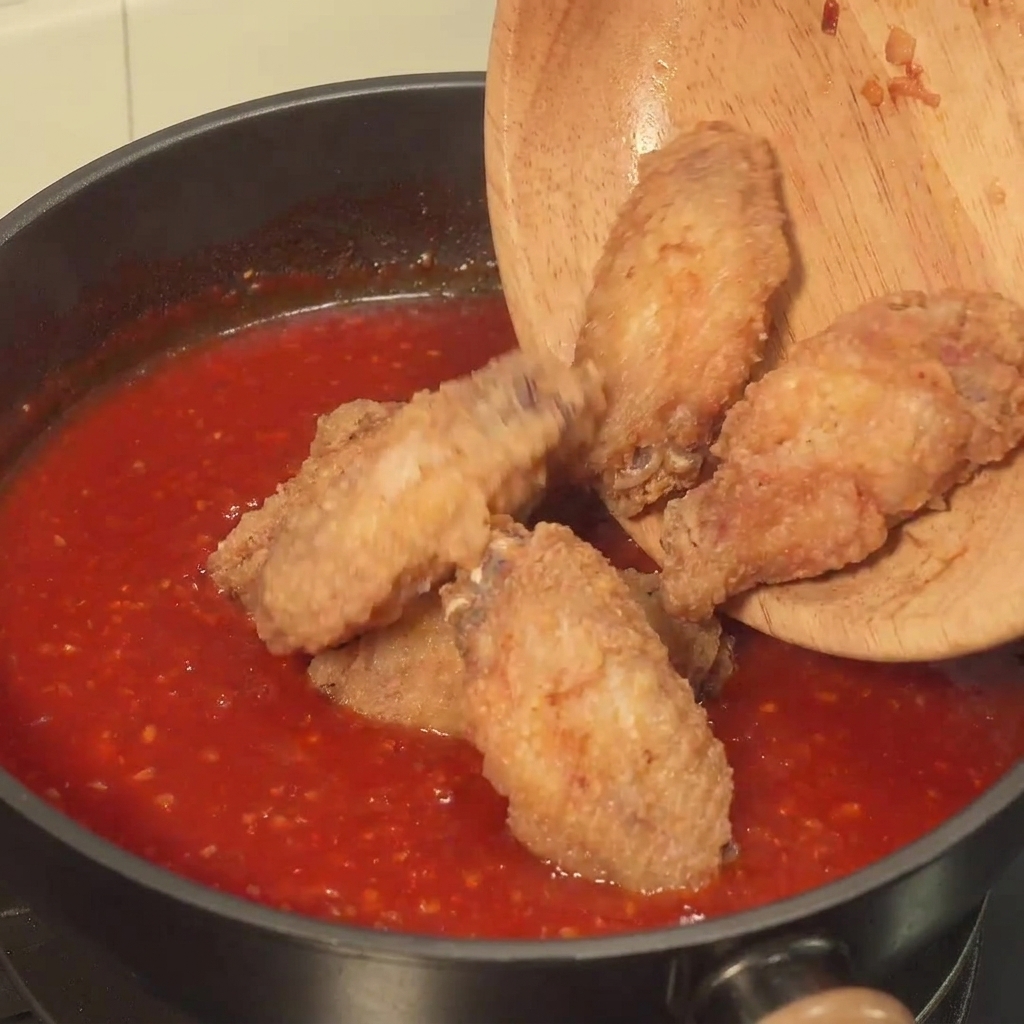 Alitas de pollo fritas siendo mezcladas en una salsa roja espesa dentro de una sartén antiadherente.