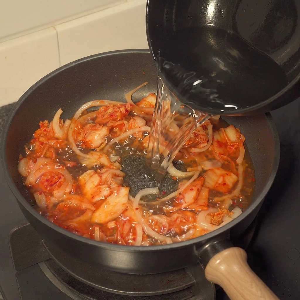 Agua siendo vertida en una sartén con cebollas y kimchi salteados, añadiendo salsa y condimentos.