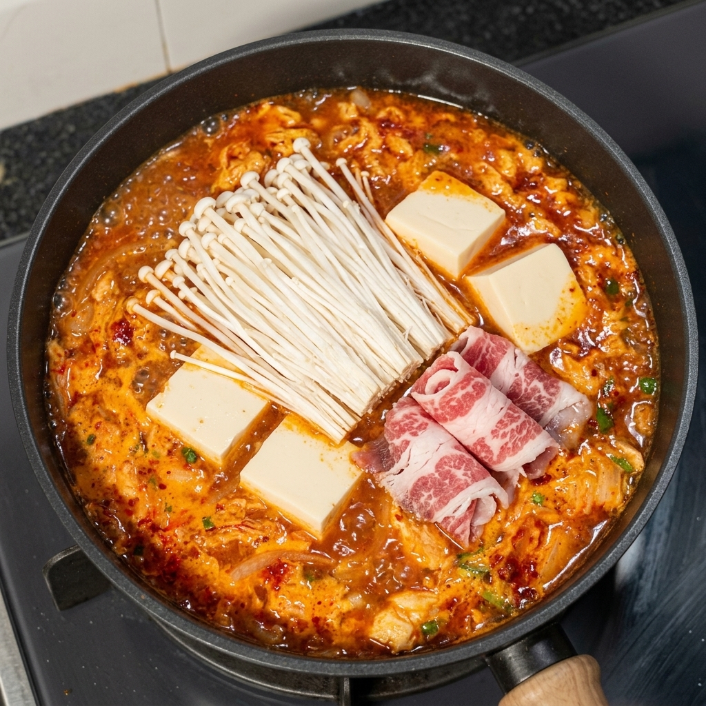 Setas enoki, tofu blando y láminas de ternera cruda dispuestas en el caldo rojo hirviendo.