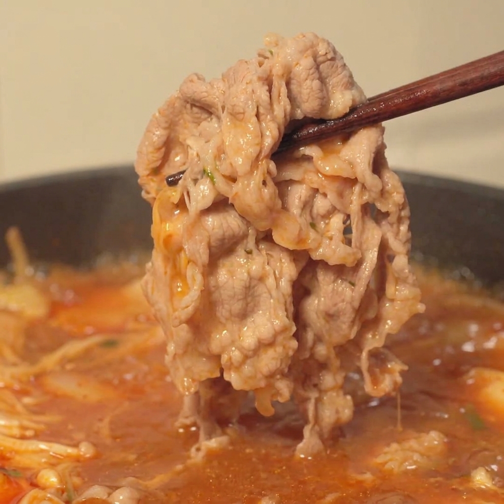 Fideos ramen siendo levantados con palillos de una olla burbujeante de caldo de ternera picante.