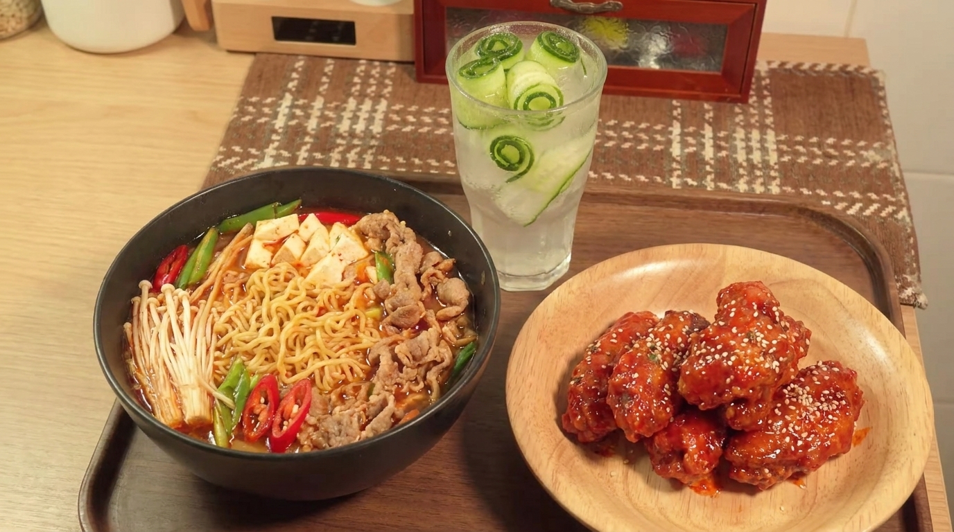 Festín de Ramen Coreano de Ternera Picante y Pollo Frito