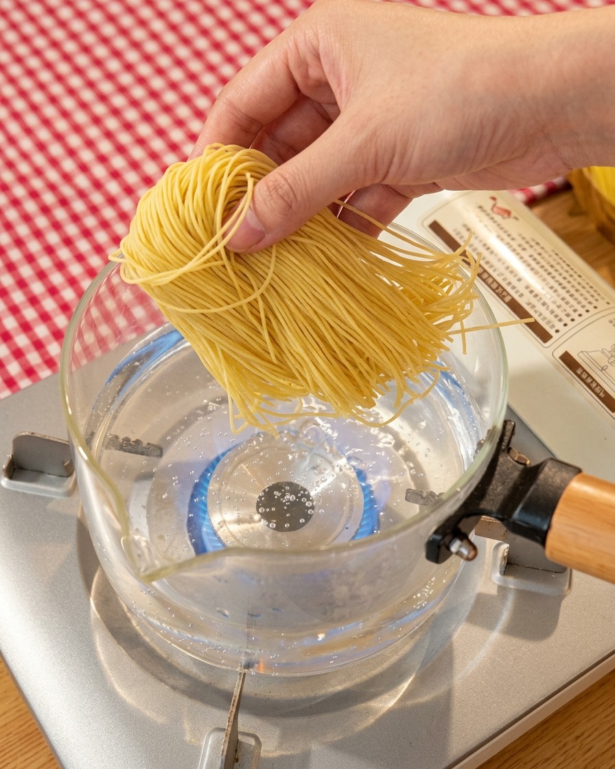 Fideos ramen frescos hirviendo en una olla de vidrio sobre una estufa portátil.