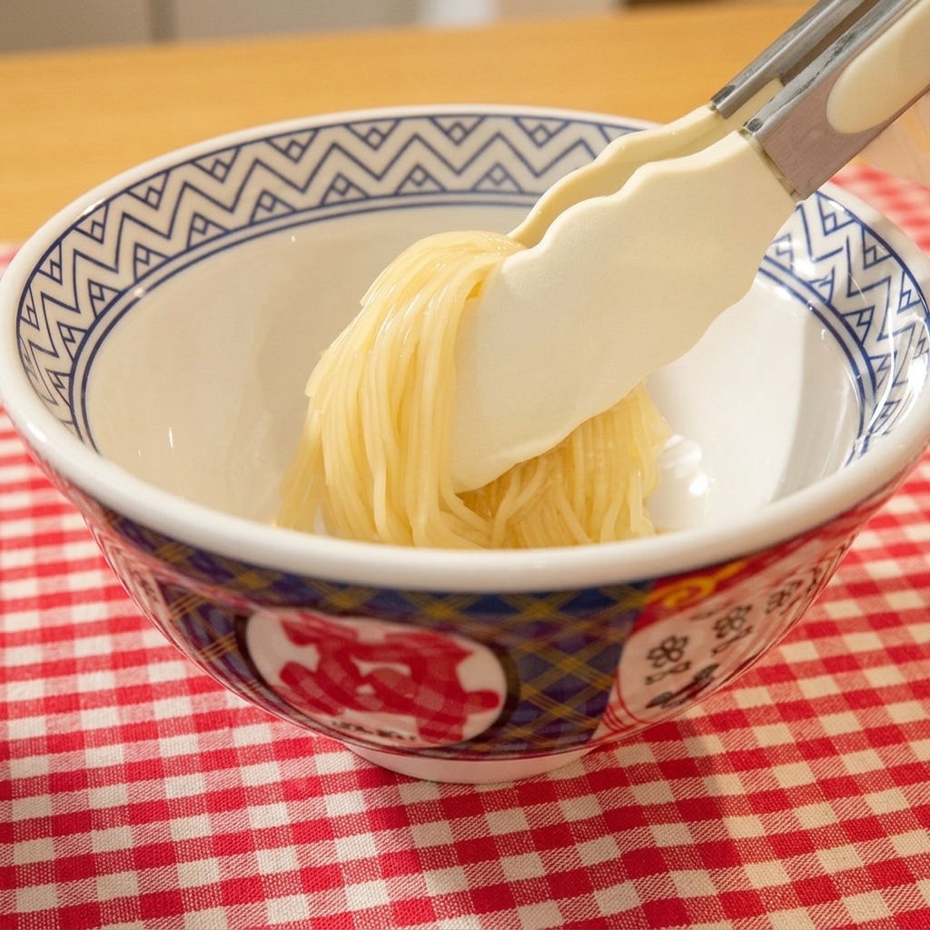 Fideos ramen cocidos siendo trasladados de una olla a un tazón de cerámica decorativo con pinzas.
