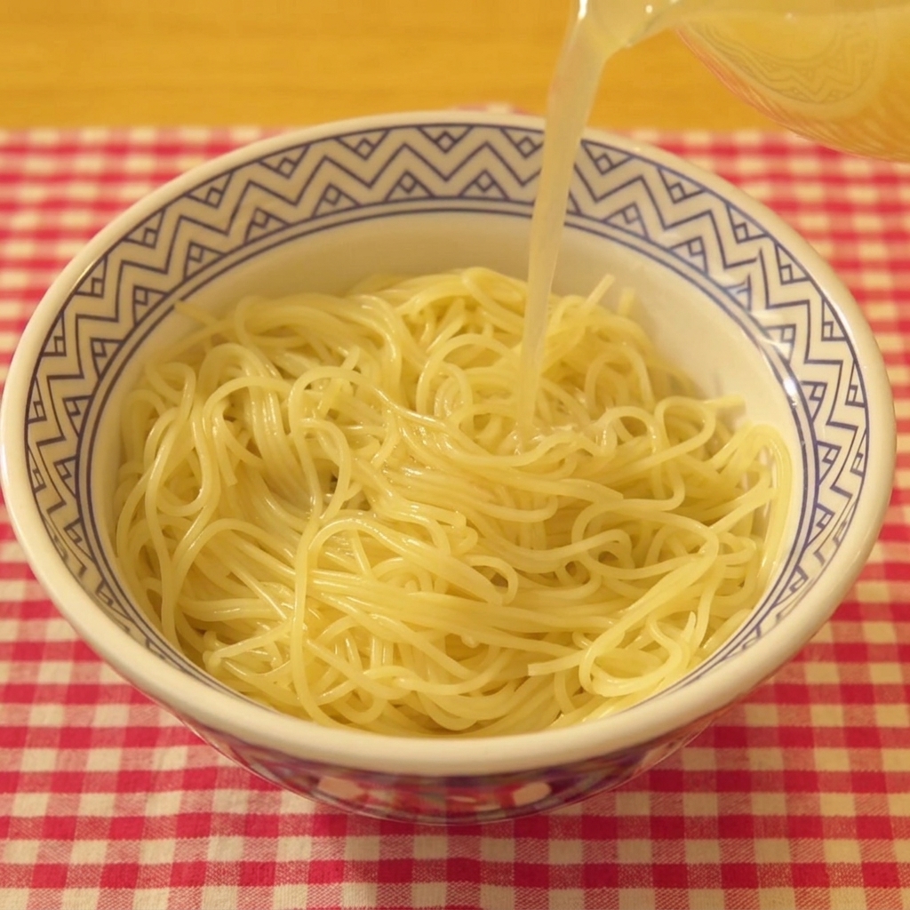 Primer plano de un caldo claro y aromático vertiéndose de una jarra a un tazón con fideos ramen preparados.