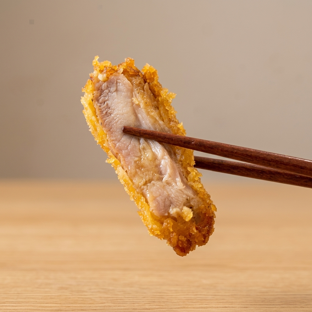 Un filete de pollo empanado siendo colocado con cuidado en una sartén con aceite caliente brillante.