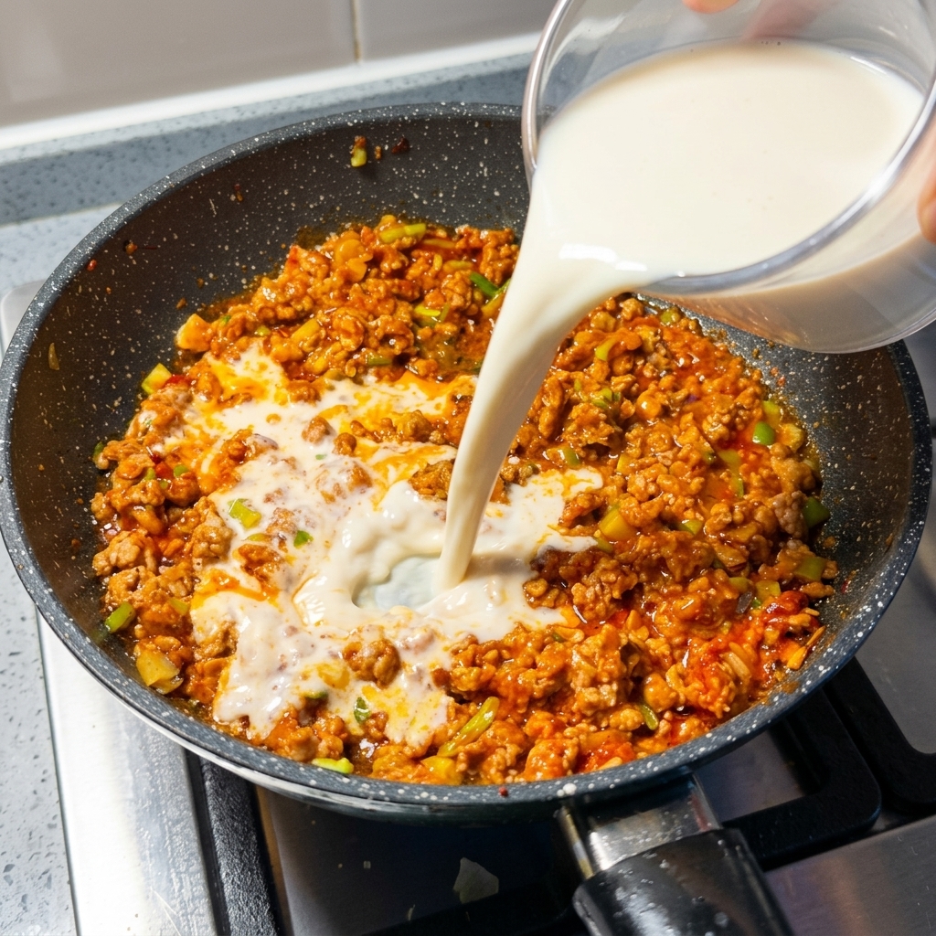 Leche de soja vertida en la sartén con la carne sazonada.