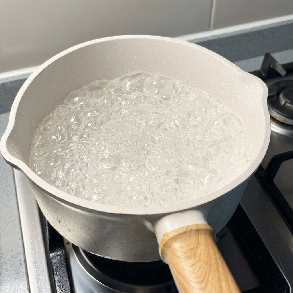 Olla con agua hirviendo y fideos.