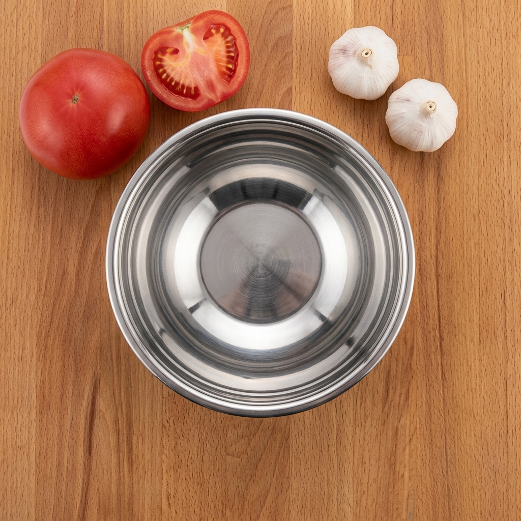 Un bol vacío junto a un tomate y cabezas de ajo.