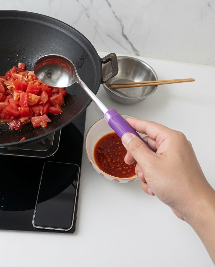 Trozos de tomate salteándose en un wok, ablandándose y soltando jugos.