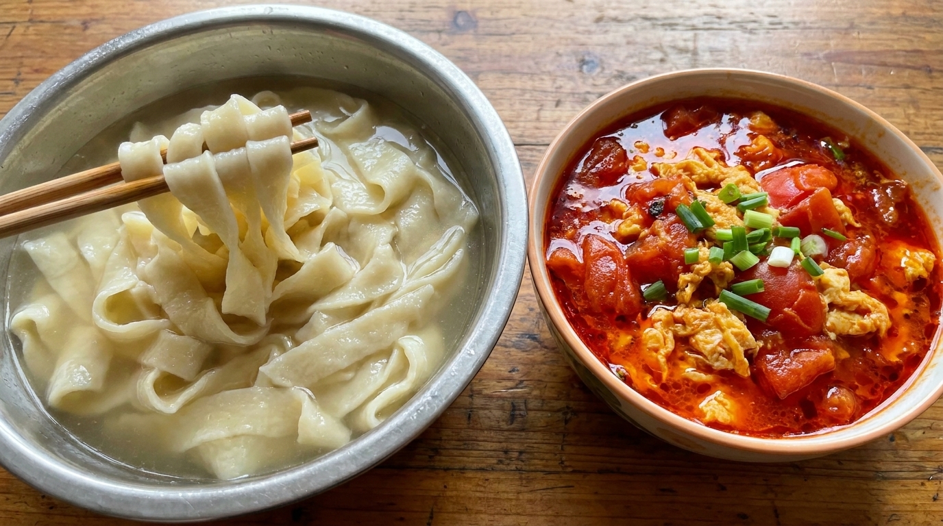 Fideos Caseros en Salsa de Tomate y Huevo (Zhanshui Mian)