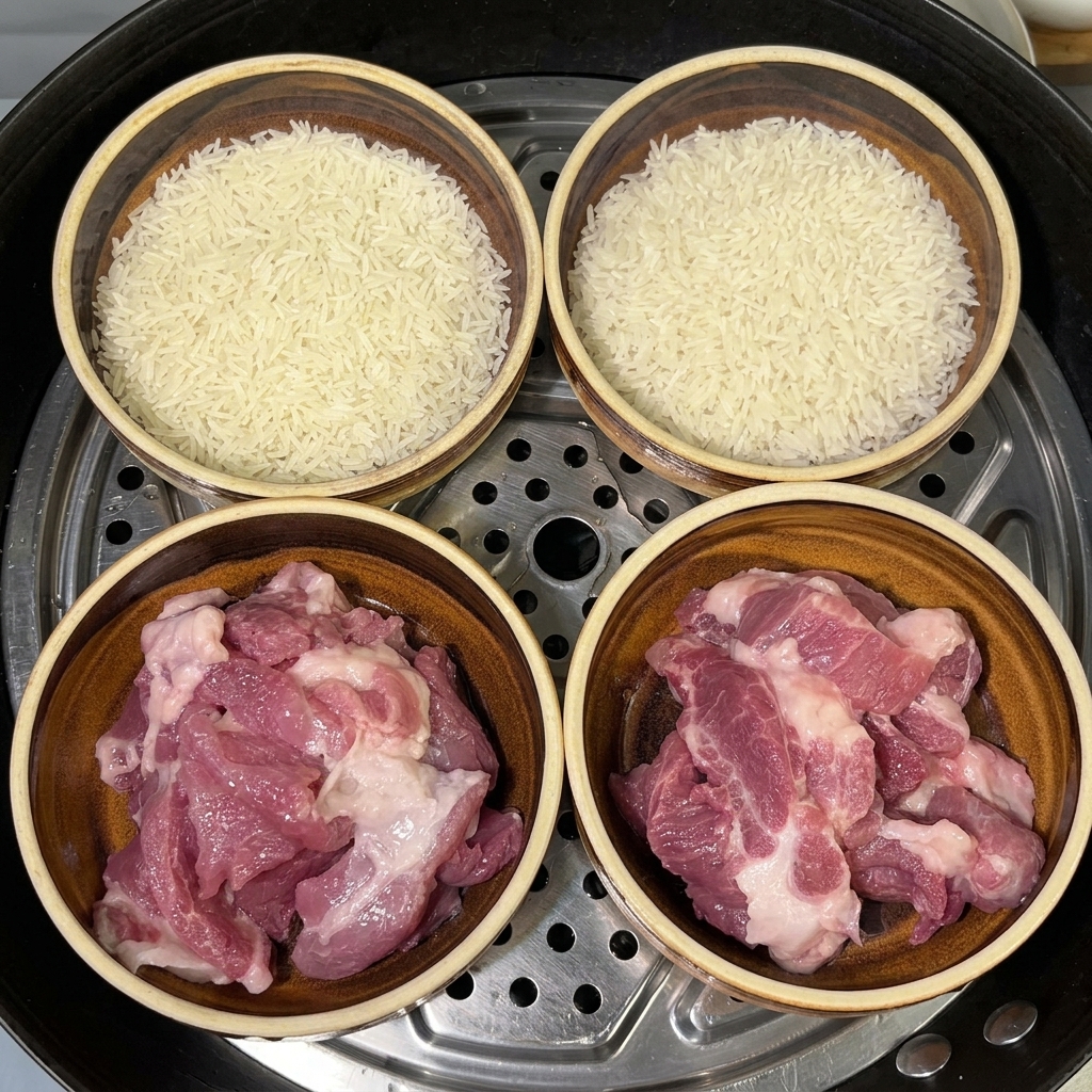 Cuatro cuencos que contienen cerdo y arroz, con una cucharada de sal añadida a cada uno.