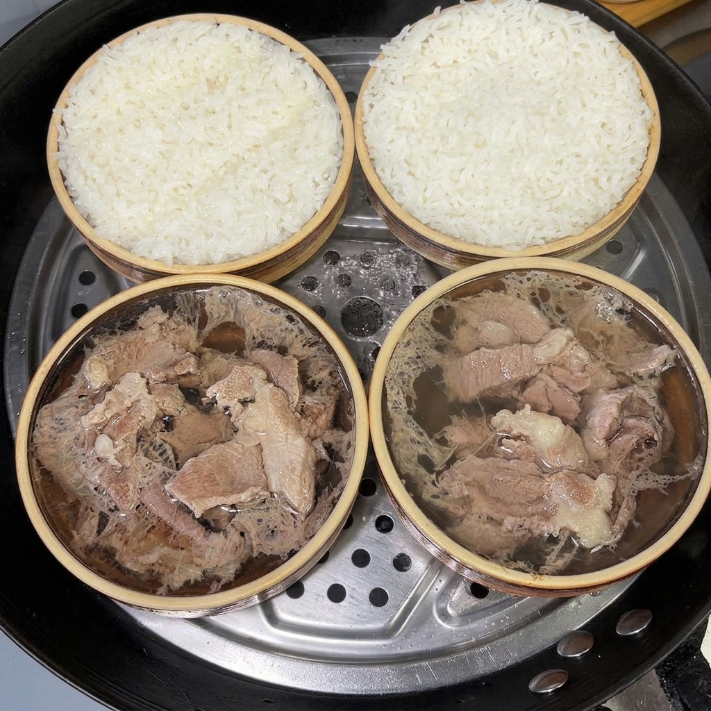 Cuencos de cerdo y arroz al vapor con pimienta blanca en polvo espolvoreada encima.