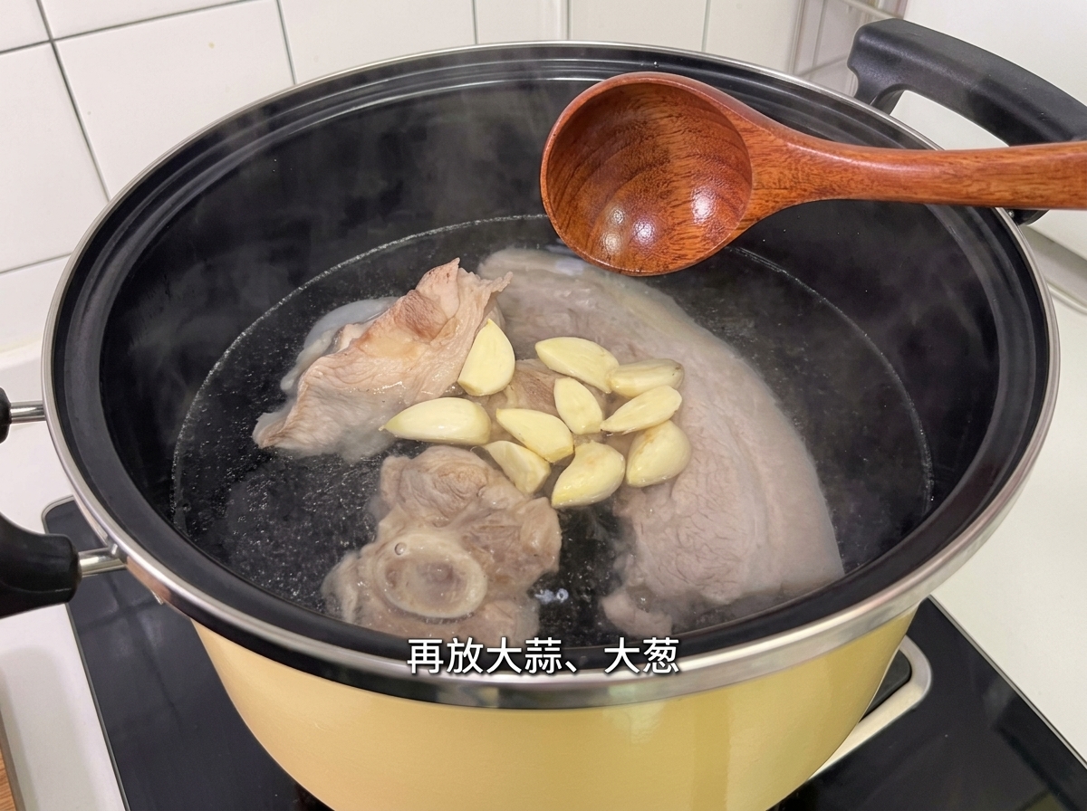 Ajo, cebollas y otras especias siendo añadidos a la olla con el caldo de cerdo.