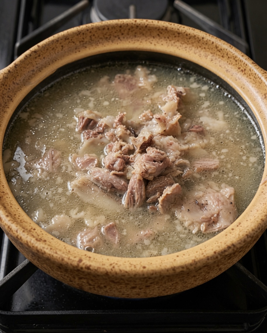Cebolletas y cebollino frescos siendo añadidos a la sopa hirviendo en la cazuela de barro.
