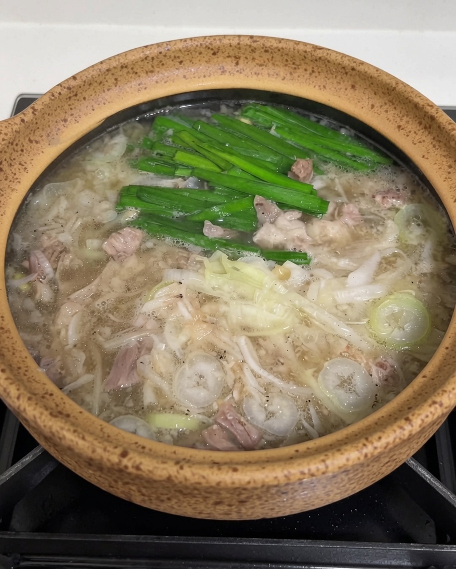 Una cucharada de pasta de chile coreana siendo disuelta en la sopa hirviendo, creando remolinos rojos.