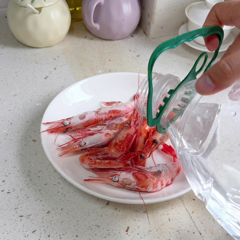 Agua mineral siendo vertida sobre camarones crudos en un plato blanco para descongelar.