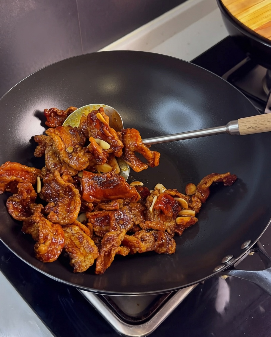 Panceta crujiente siendo mezclada en un wok con ajo y una salsa marrón sabrosa hasta quedar bien cubierta.