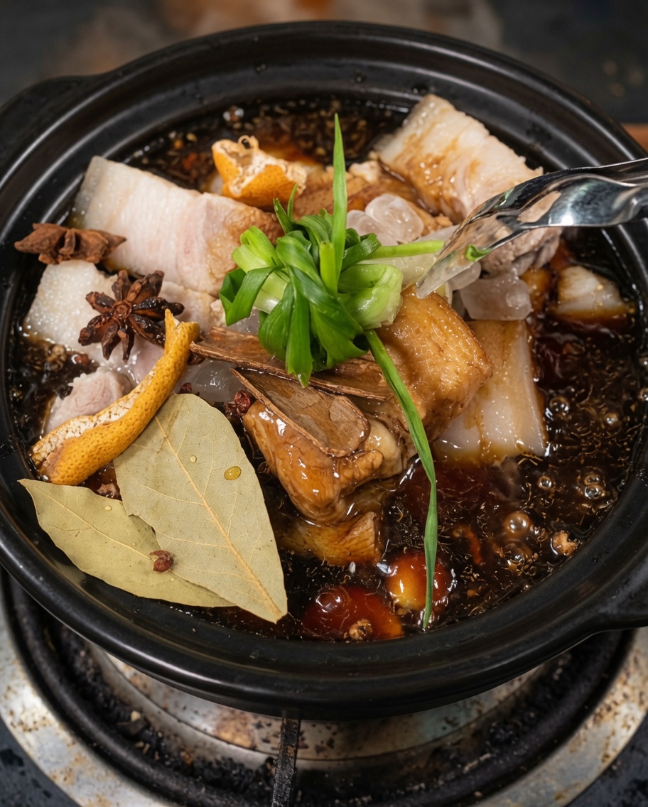 Olla de barro tapada con el cerdo estofándose lentamente.