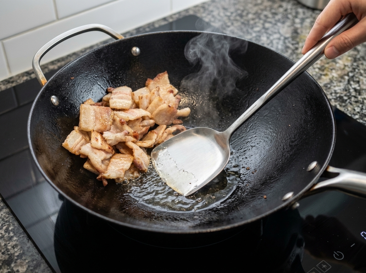 Un cucharón retirando el exceso de aceite derretido de un wok con panceta dorada.