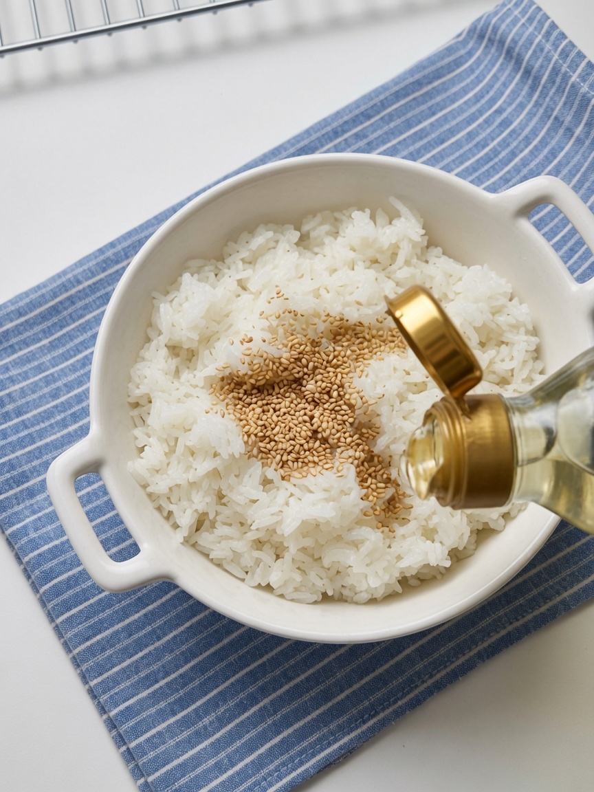 Un bol de arroz blanco esponjoso siendo sazonado con semillas de sésamo y vinagre.