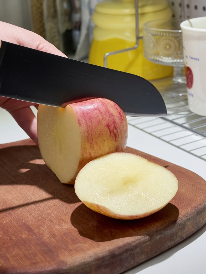 Manzanas rojas frescas siendo cortadas en gajos gruesos sobre una tabla de madera.