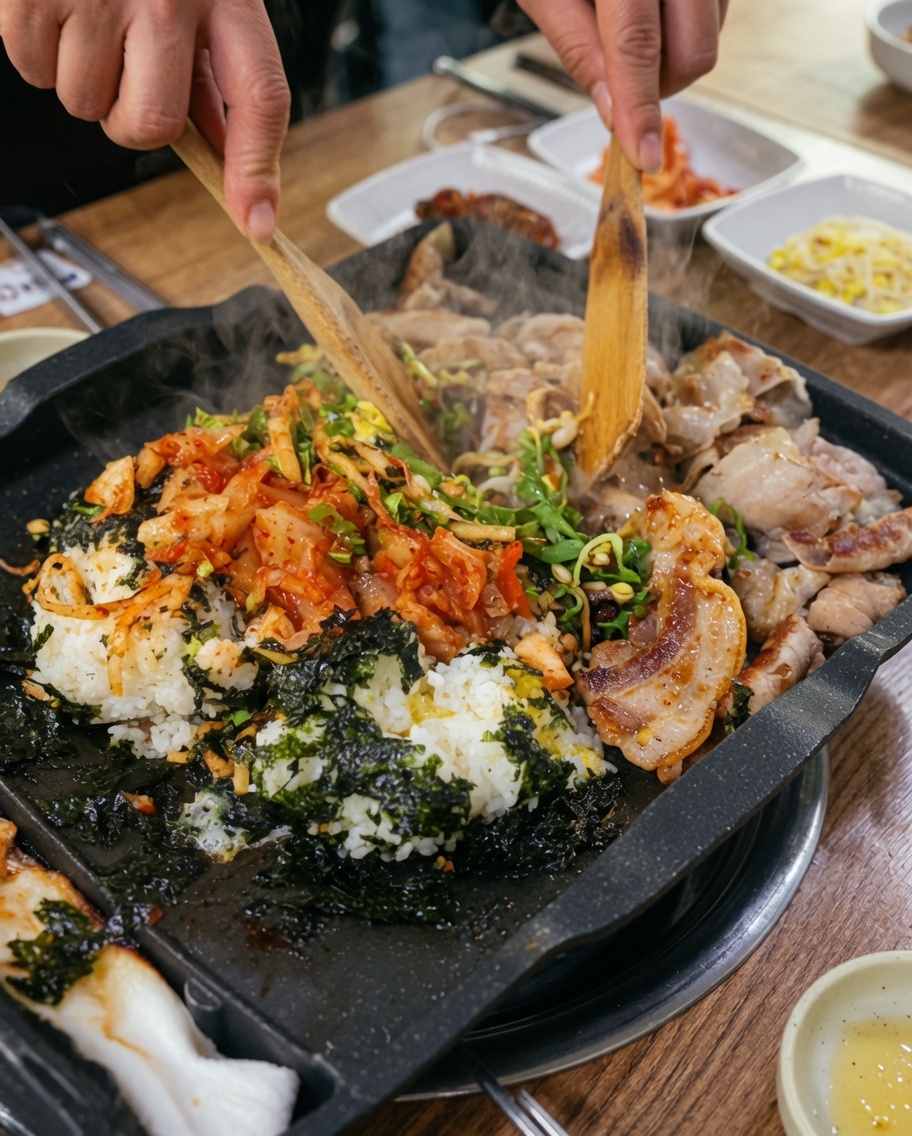 Espátulas de madera mezclando arroz, vegetales y carne sobre la plancha.