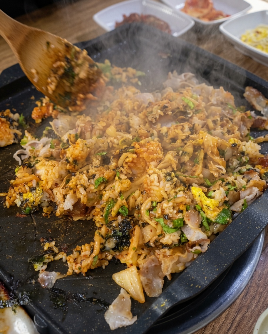 Una capa fina de arroz frito con carne y vegetales extendida sobre la plancha empezando a dorarse.