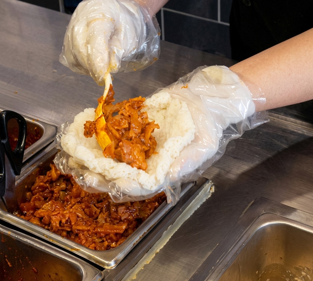 El chef colocando una cucharada grande de relleno rojo vibrante de kimchi y panceta de cerdo sobre una tortita de arroz plana.