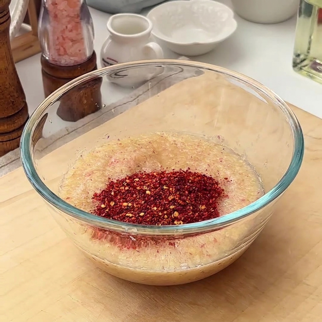 Un bol de cristal con la pasta de frutas y condimentos como hojuelas de chile, azúcar y gochujang.