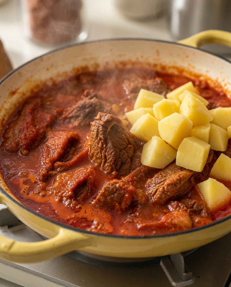 Trozos de patata pelada siendo añadidos a una olla de estofado de cerdo picante color rojo intenso.