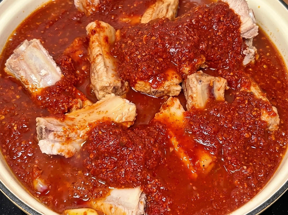 Costillas de cerdo sumergidas en una espesa salsa picante roja en una olla.