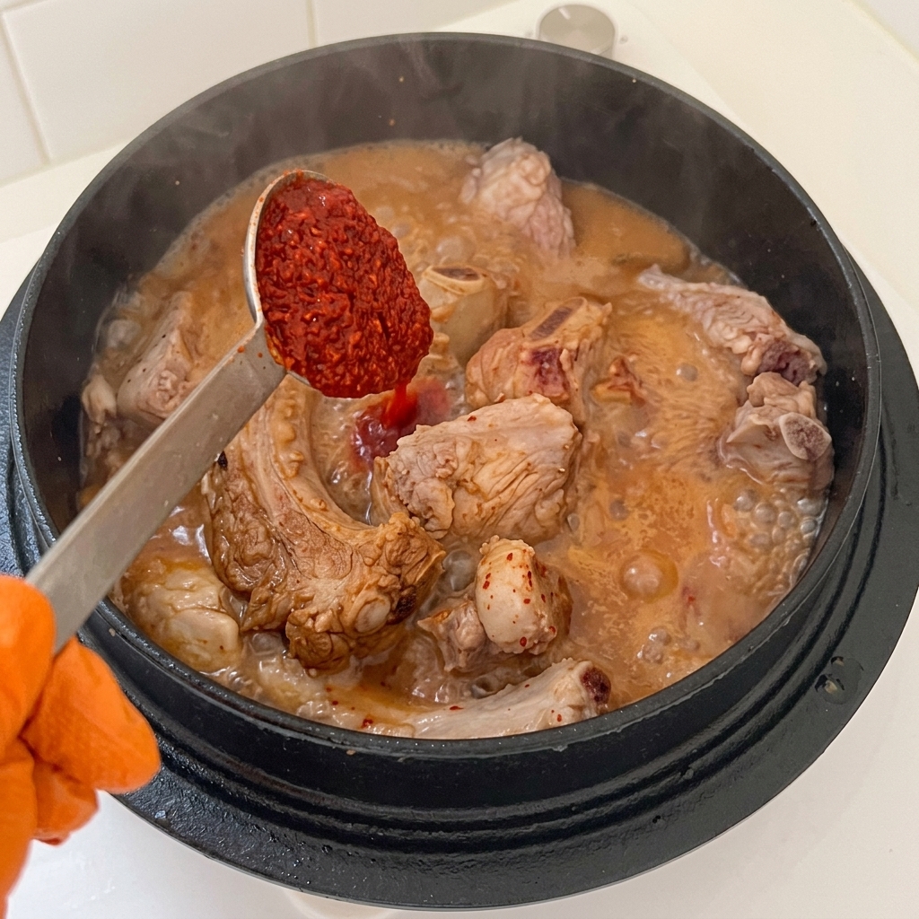 Cuchara añadiendo chile en polvo y ajo picado a una olla con costillas y líquido de sazón.