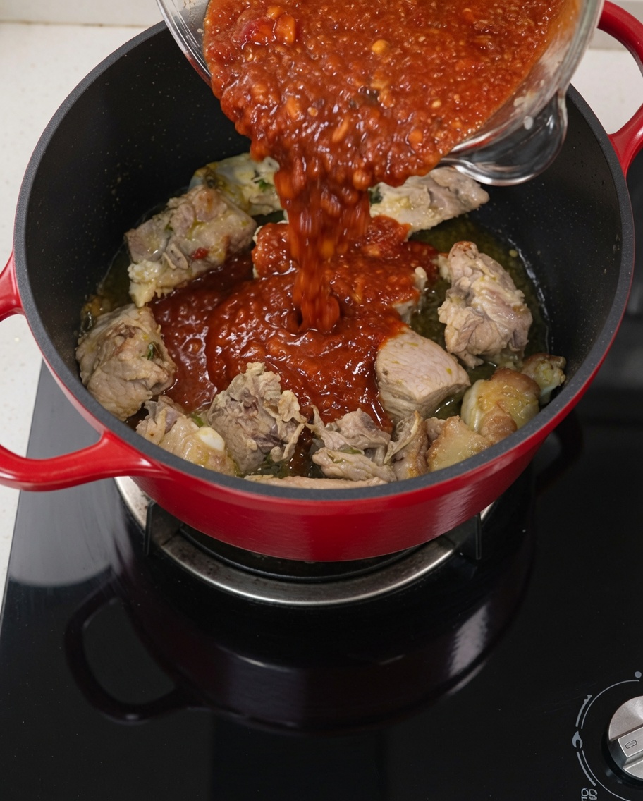 La mezcla de salsa preparada siendo vertida sobre las costillas doradas en la olla.