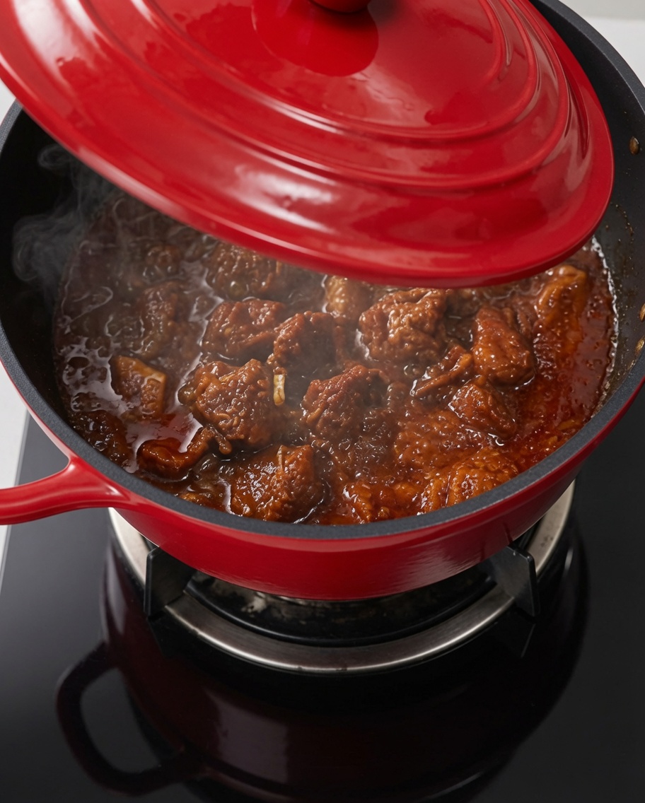 Trozos de patata fresca añadidos a la olla de costillas y salsa.