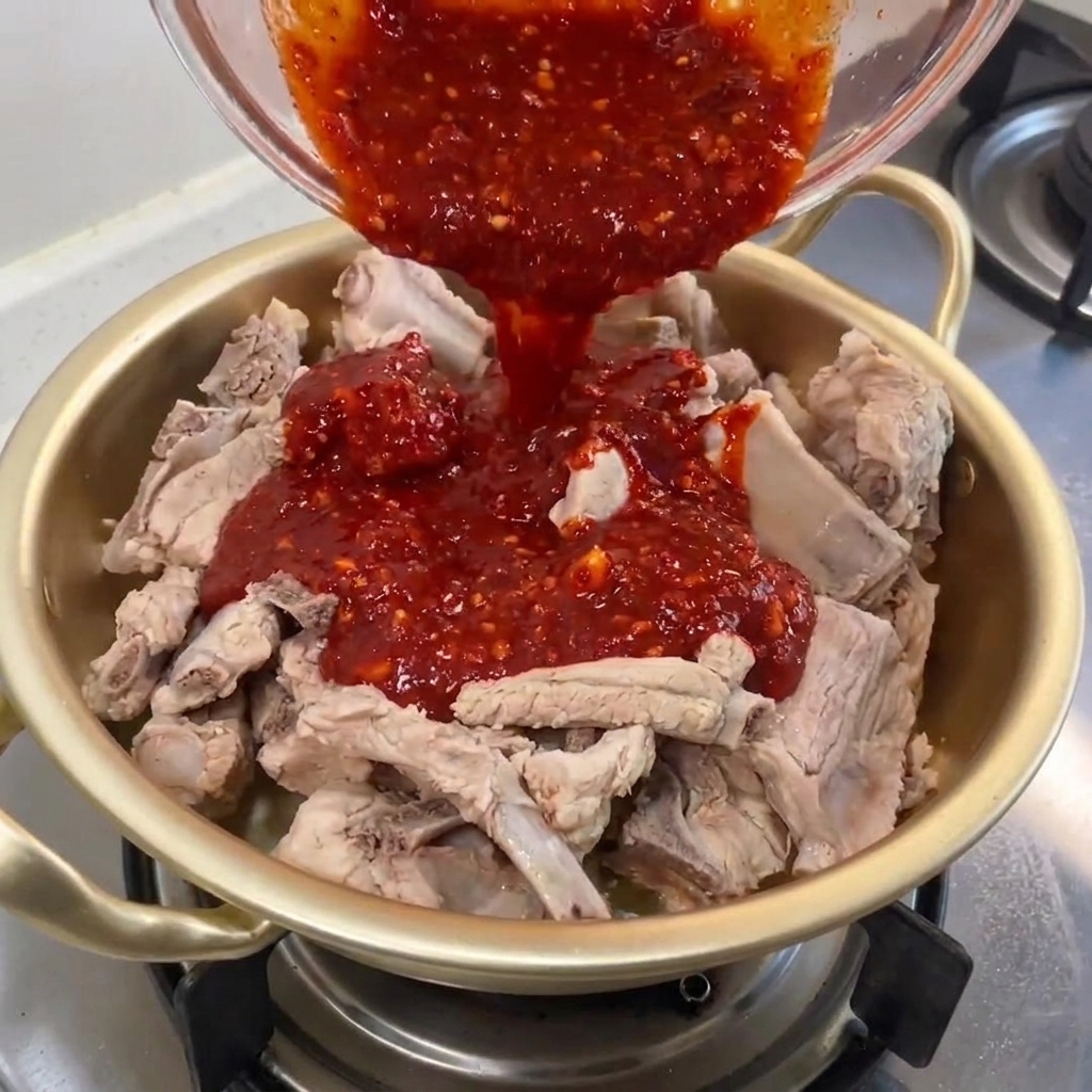 Salsa roja picante siendo vertida sobre las costillas de cerdo hervidas en una olla de metal.