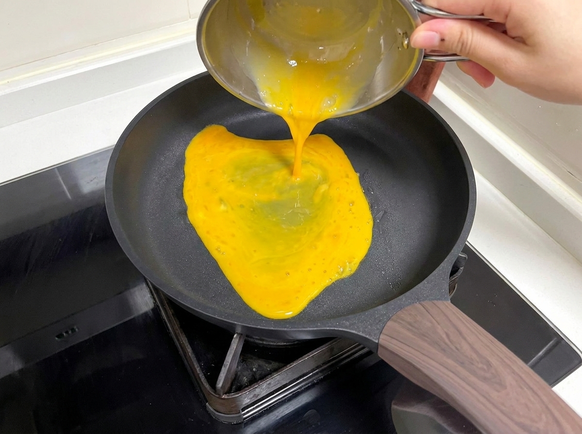 Mezcla de huevo batido vertida en una sartén para crear una crepa fina.
