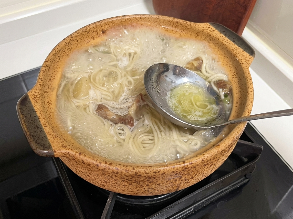 Un cucharón retirando grasa de la superficie de la sopa.