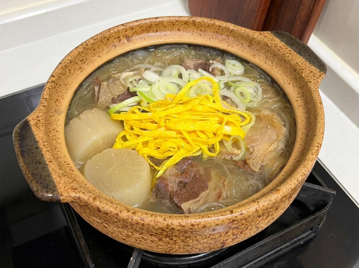 Plato de sopa siendo sazonado con sal y pimienta.