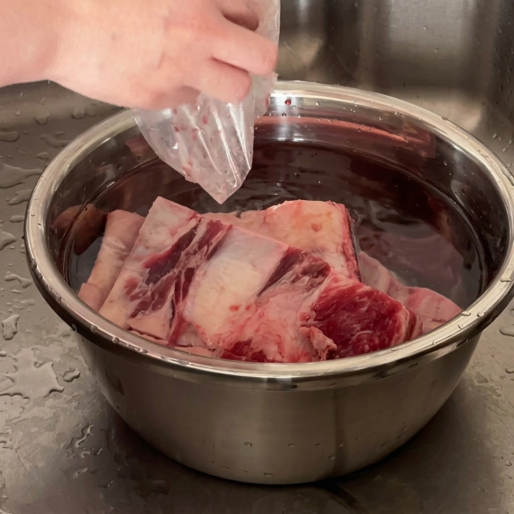 Costillas cortas de res crudas remojándose en un tazón de agua en el fregadero de la cocina.