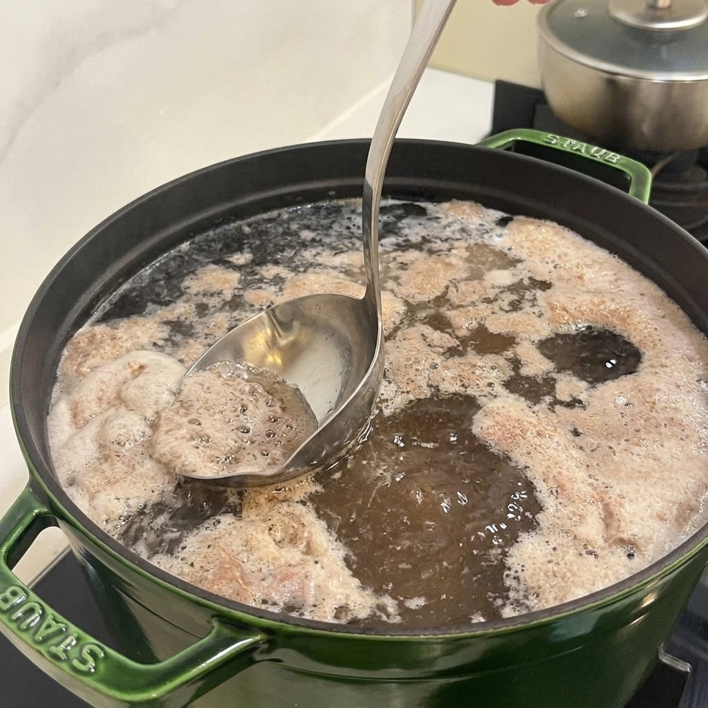 Un cucharón de metal desnatando espuma blanca de la superficie del caldo de res hirviendo en una olla grande verde.