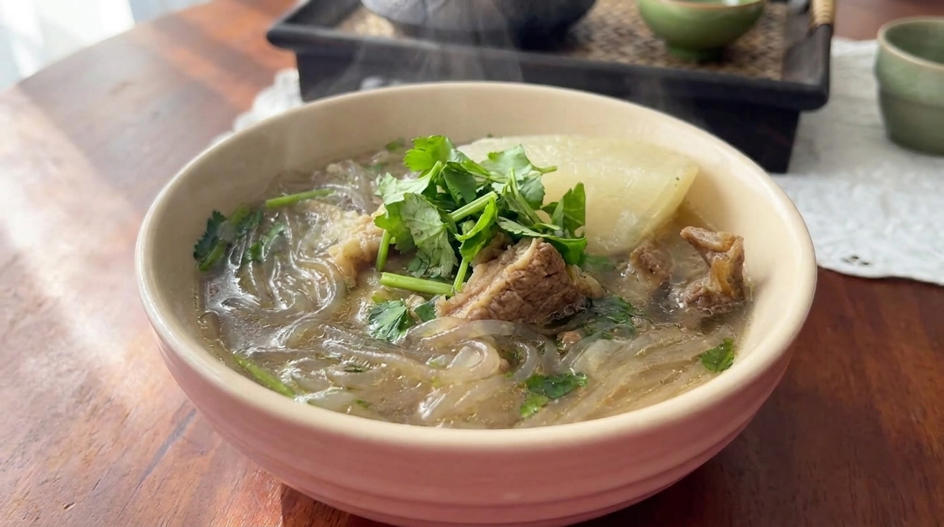 Un plato humeante de Galbitang, con tiernas costillas de res, rábano blando y fideos vermicelli en un caldo claro y nutritivo.