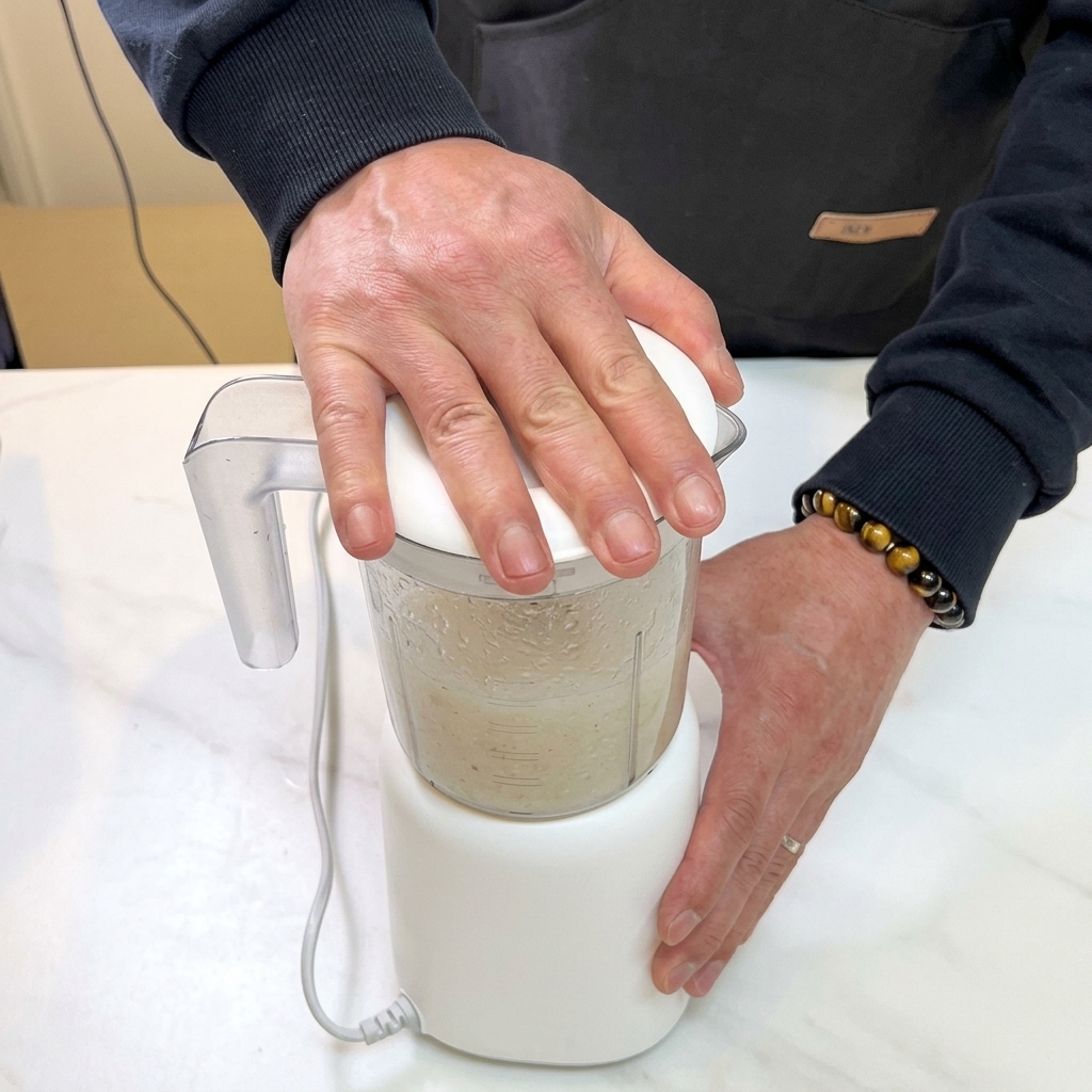 Una licuadora procesando pera troceada y agua hasta obtener un jugo.