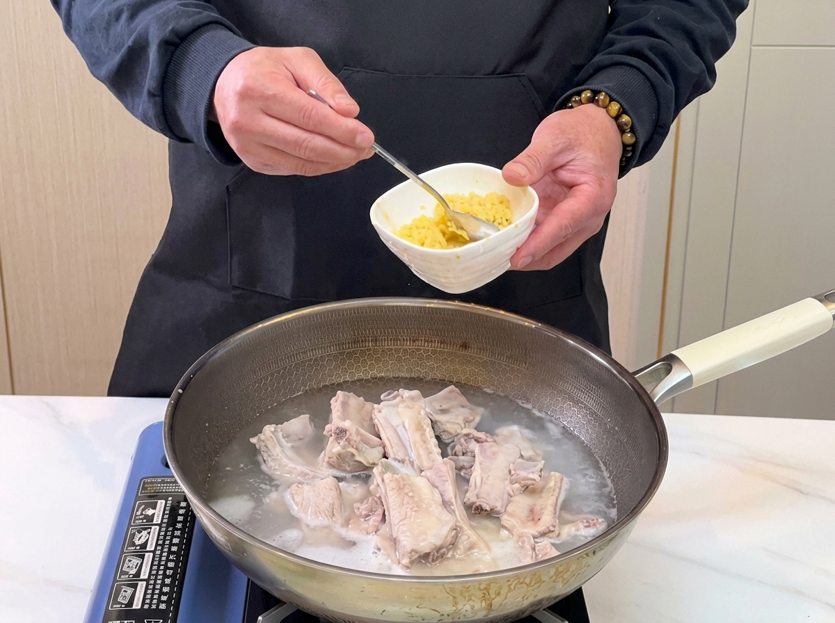 Una cuchara añadiendo ajo picado en una olla con agua y costillas.