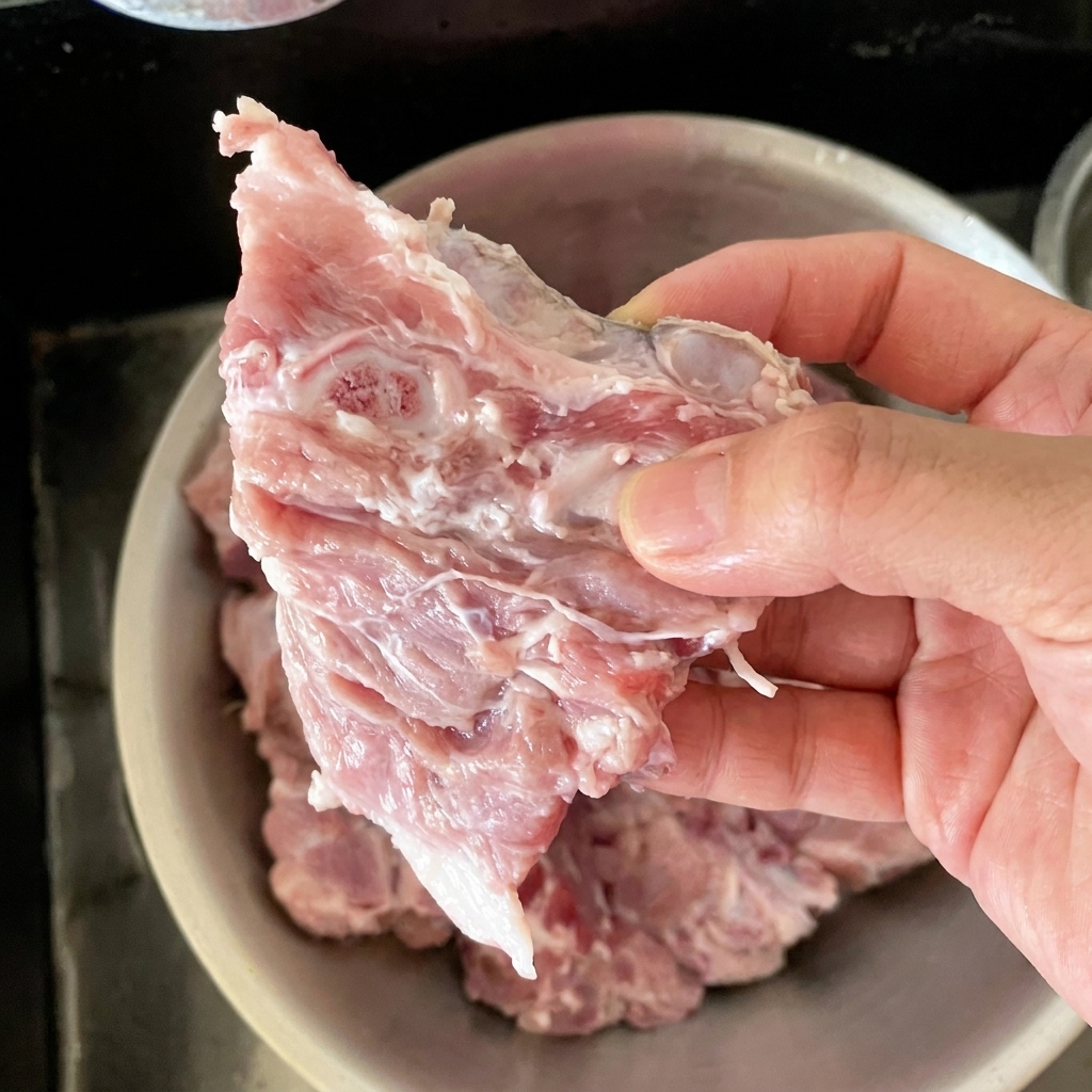 Trozos de espinazo de cerdo crudo remojándose en un bol con agua clara.