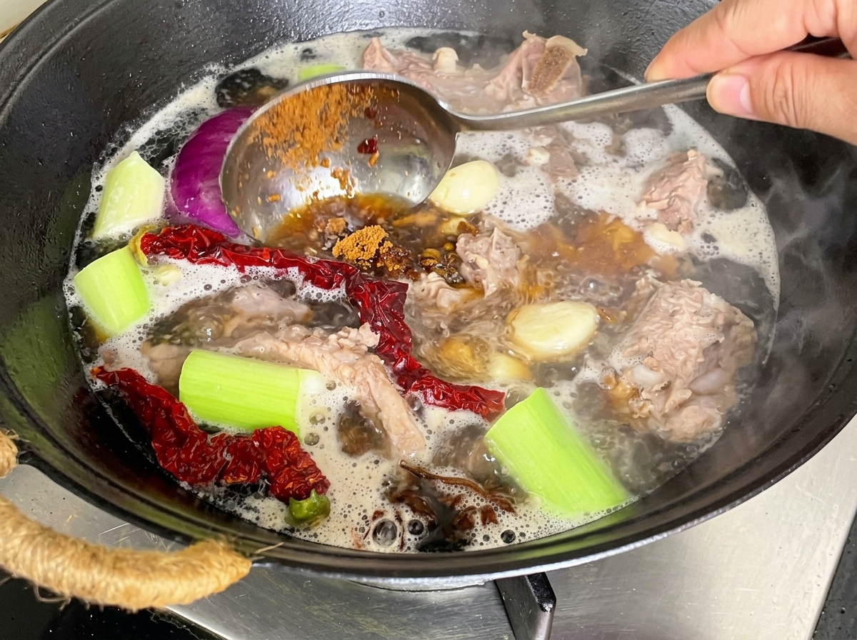 Pasta de soja fermentada siendo añadida a la olla de cerdo a fuego lento.